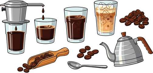 Artisanal Vietnamese coffee brewing kit with stainless steel phin filter goose neck kettle wooden scoop spoon and roasted beans © Sumona