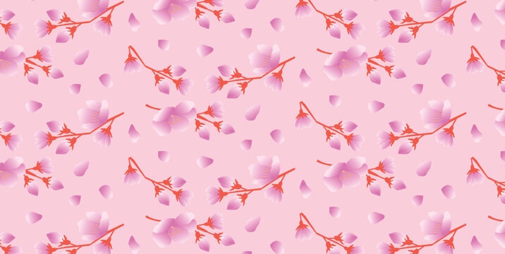 Seamless sakura pattern with cherry blossom branches and falling petals on soft pink background, Japanese spring theme for wallpaper and textile prints. Floral ornament for wrapping paper, fabric, car