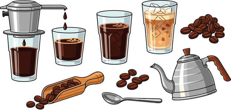 Artisanal Vietnamese coffee brewing kit with stainless steel phin filter goose neck kettle wooden scoop spoon and roasted beans