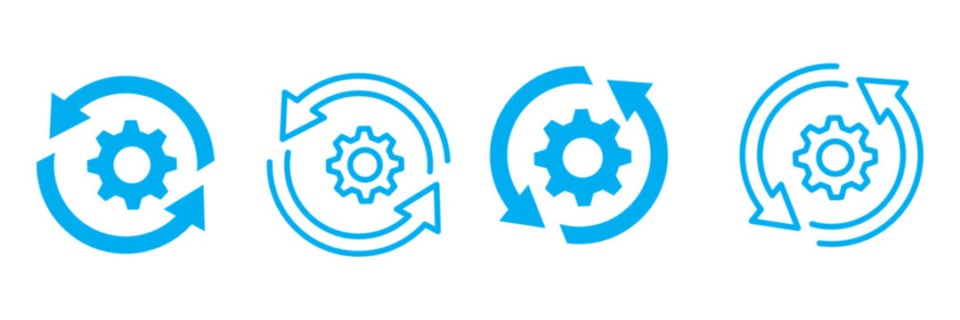 Sync process and workflow icon set. Cycle icons representing refresh process gears. Blue line and solid icons.