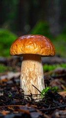 Glistening Porcini: Magnificent edible mushroom emerges from the dark forest earth.
