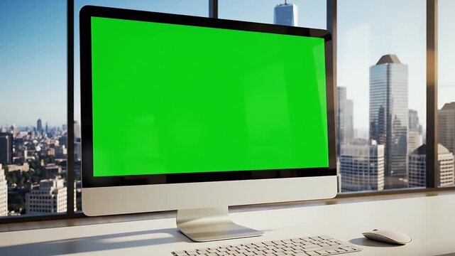 Modern office desktop computer with vibrant green screen display overlooking a sun-drenched urban cityscape perfect for digital content insertion