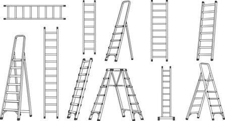 Eleven ladder illustrations including straight, step, and extension ladders in black-and-white line drawing style © DolanAktar