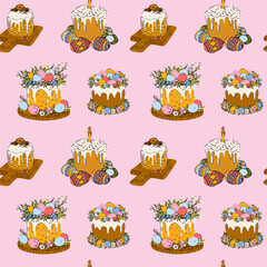 Fototapeta premium Seamless Easter Cake Pattern with Eggs and Flowers
