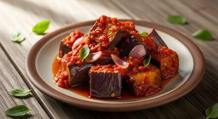 Authentic Indonesian Spicy Eggplant Dish with Fiery Red Chili Sambal, a Savory and Flavorful Vegetarian Meal Garnished with Fresh Herbs, Served on a Rustic Wooden Background