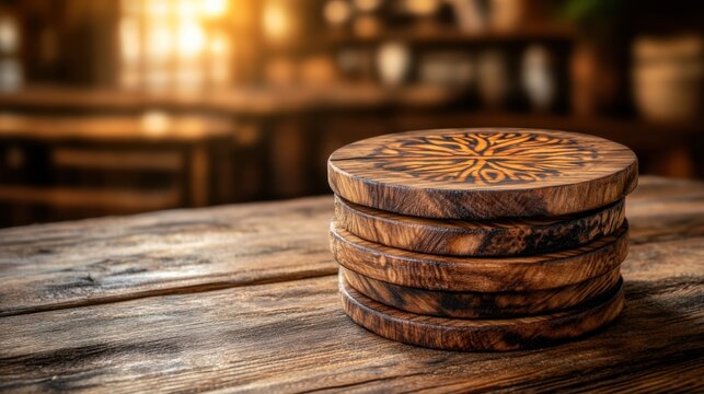 A beautiful stack of round wooden coasters featuring intricate pyrography patterns, resting on a rustic wooden table with warm lighting.