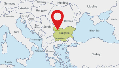 Bulgaria on the Europe map with pin location marker3. Vector flat template. © Julia Anisimova