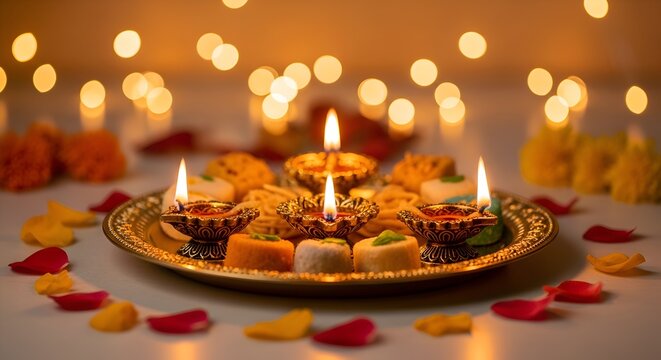 Glossy Bhai Dooj Background with Decorative Plate: Vibrant Tika and Sweets Reflecting Festive Spirit in Photo Stock Concept