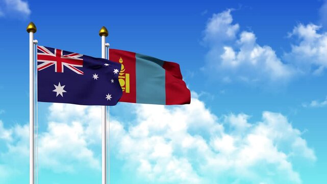 Waving flags of AUSTRALIA and MONGOLIA on pole included with alpha