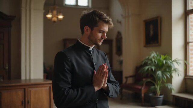 A priest stands in solemn prayer within a traditional church. He wears a traditional black clerical collar. The scene evokes a sense of peace, contemplation, and spirituality.