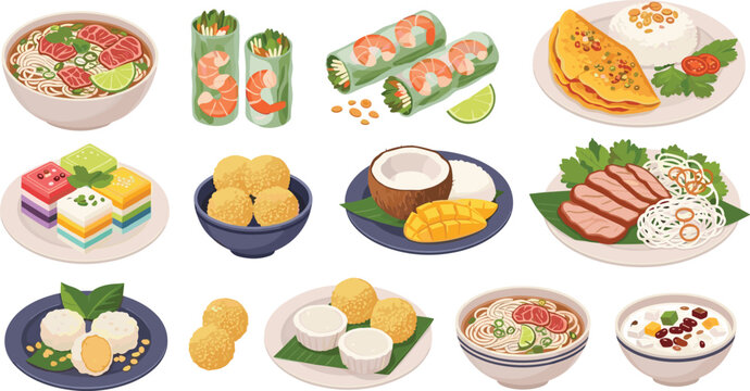 Traditional Vietnamese food set with beef pho noodle soup spring rolls mango sticky rice sesame balls and layered rice cakes