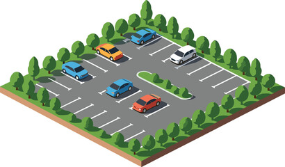 Isometric parking lot illustration with cars, trees, landscaping, signage © DolanAktar