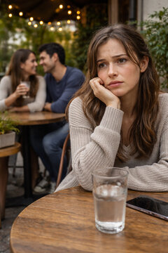 Sad lonely woman sitting alone in cafe looking bored while happy couple dating in background, concept of loneliness, jealousy, single life and depression, realistic digital art illustration.