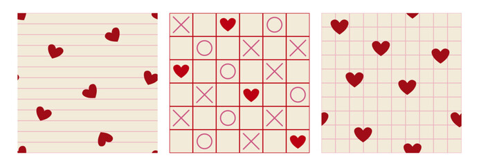 Valentine&rsquo;s Day set of seamless patterns with red hearts, notebook lines, and minimal checks. Romantic vector backgrounds