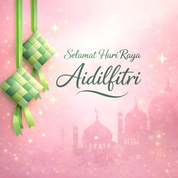 Selamat Hari Raya Aidilfitri, greeting card, Islamic festive, green ketupat, Malaysia celebration, pink background 