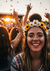 Obraz premium People celebrate at a music festival with smiles and bright decorations under the sunset while enjoying the lively atmosphere and dancing