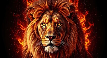 Fototapeta premium Fierce lion, fiery mane, golden eyes, against a dark backdrop