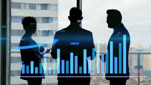 Silhouette of business professionals analyzing real-time global stock market data and financial growth charts in a modern office.