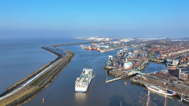 Ferry departing from a European harbor