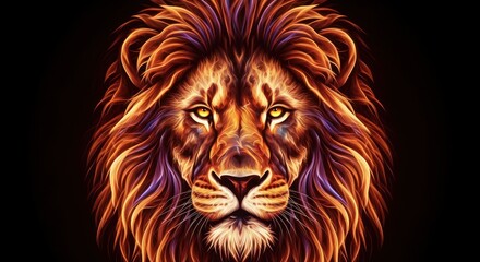 Obraz premium Fierce lion, fiery mane, golden eyes, against a dark backdrop