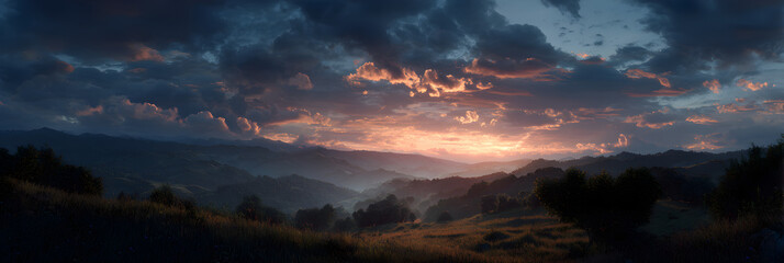 Obraz premium Captivating Serenity: The nchanting Play of Colors ad Shadows in the Last Ligh of Day as Dusk Weaves itsMystical Tapestry Across aTranquil Landscape