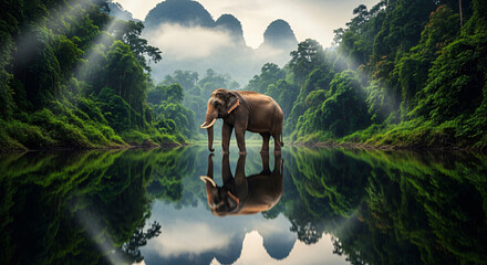 Elephant Standing in River Reflecting Jungle and Mountains