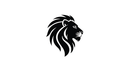 Lion head logo silhouette with flowing mane, bold black vector emblem in minimal style, wild animal mascot icon isolated on white background for branding