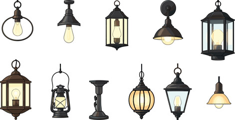 Twelve outdoor lantern illustrations with vintage, rustic, modern, and industrial designs © DolanAktar