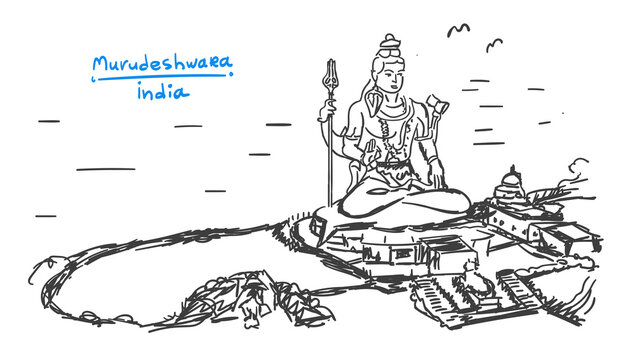 Hand drawn illustration of Murudeshwar Temple with Shiva statue. Gray color. Iconic Karnataka India landmark on Arabian Sea beach. Hindu spiritual architecture graphic.