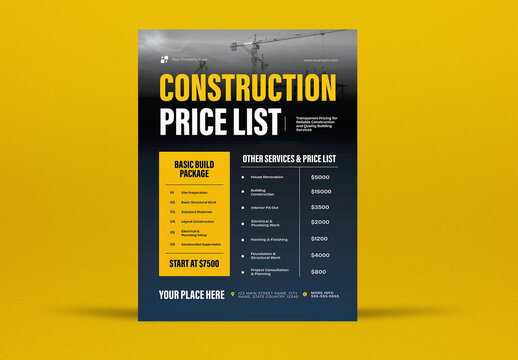 Blue And Yellow Construction Service Price List Flyer Set