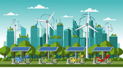Green city energy vector illustration with bicycles, solar panels and wind turbines in urban landscape © PDWN Creative