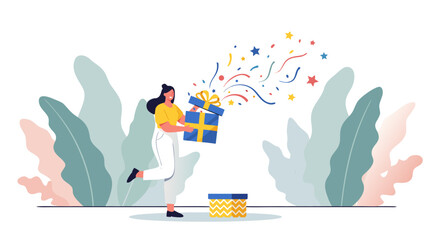 Surprise Gift Opening Vector Illustration with Confetti and Lush Foliage Background © PDWN Creative
