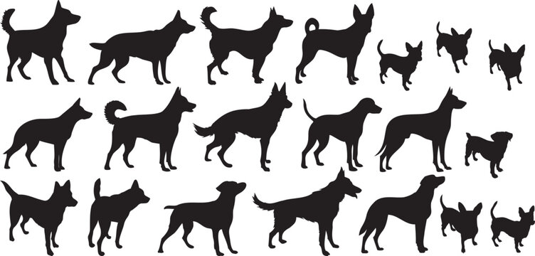 Vector illustration set of dog silhouettes designed as clean solid black shapes suitable for illustration use.
