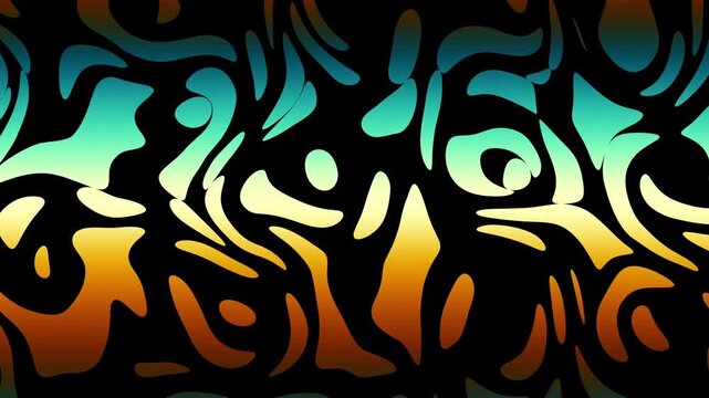 A retro flat design of colorful organic shapes Retro, on black background, with bold lines, simple shapes, and a 1970s