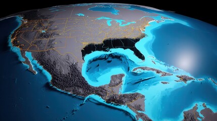 Fototapeta premium Vivid depiction of the American continent showing detailed landforms and waters highlighting the Gulf of Mexico under atmospheric lighting conditions