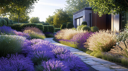 A beautiful garden pathway lined with vibrant lavender and ornamental grasses under sunlight, creating a serene atmosphere