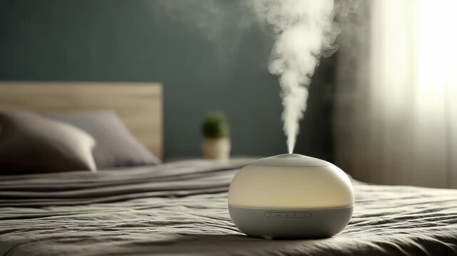 In a minimalist bedroom, a modern aroma diffuser gently releases wisps of steam into the air. The soft glow and calming scent create a peaceful atmosphere for relaxation and escape