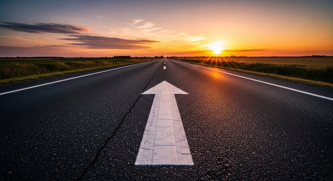 Straight road with arrow leads to a sunset horizon