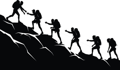 Group of hikers climbing steep mountain silhouette, helping hands teamwork concept, outdoor adventure trekking, cad drawing flat vector illustration, isolated on white