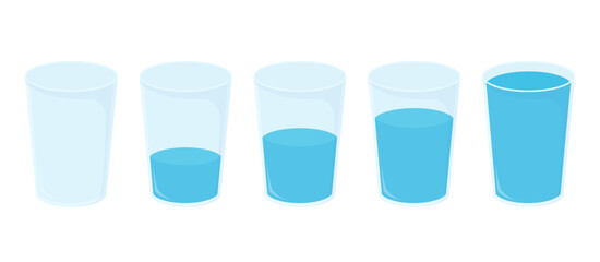 Set of five glasses of water with different filling levels from empty to full
