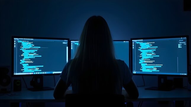 Rear view of female programmer working with multiple monitors coding