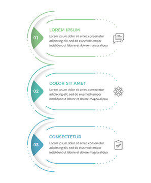 Vertical business infographic template with three numbered steps, rounded shapes, icons and text blocks
