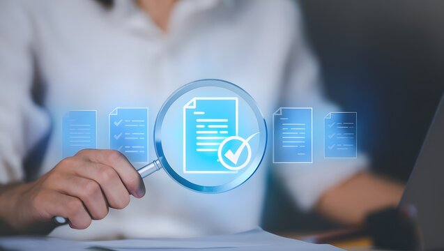 Businessman analyzing documents with magnifying glass and check mark icon, representing document verification, quality assurance, compliance review, and data validation process.
