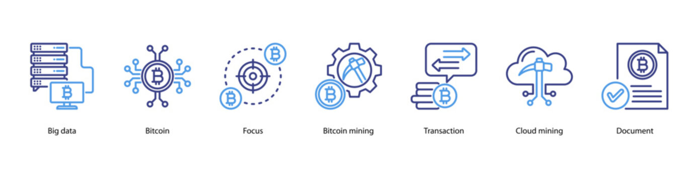 Bitcoin and Big Data web banner vector illustration featuring Big data, Bitcoin, Focus, Bitcoin mining, Transaction, Cloud mining, and Document.