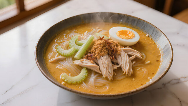 Aromatic Indonesian Yellow Chicken Soup with Vermicelli and Egg (Soto Ayam)