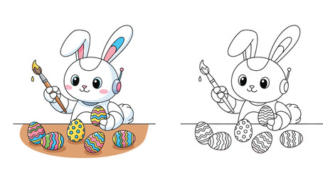Obraz premium Cute robot rabbit painting Easter eggs coloring page vector illustration with color reference and outline design for kids activity book or holiday greeting card