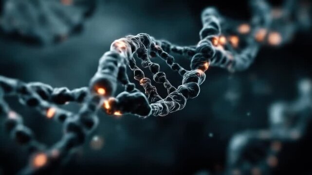 A 3D rendering of a DNA double helix structure glowing with an orange light at the center