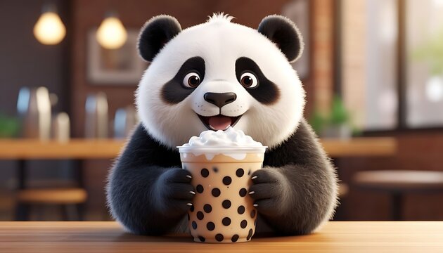 A cartoon panda with big eyes and a smile is drinking a drink from a polka-dot cup. The background is blurred and lit with warm light.