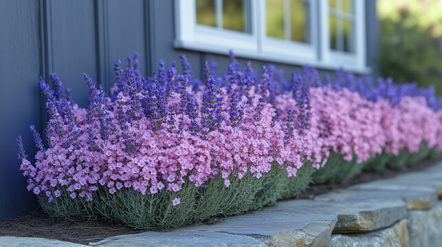 Vibrant pink and purple flowers line a garden path, creating a picturesque scene with a backdrop of a charming house
