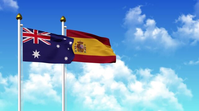 Waving flags of AUSTRALIA and SPAIN on pole included with alpha